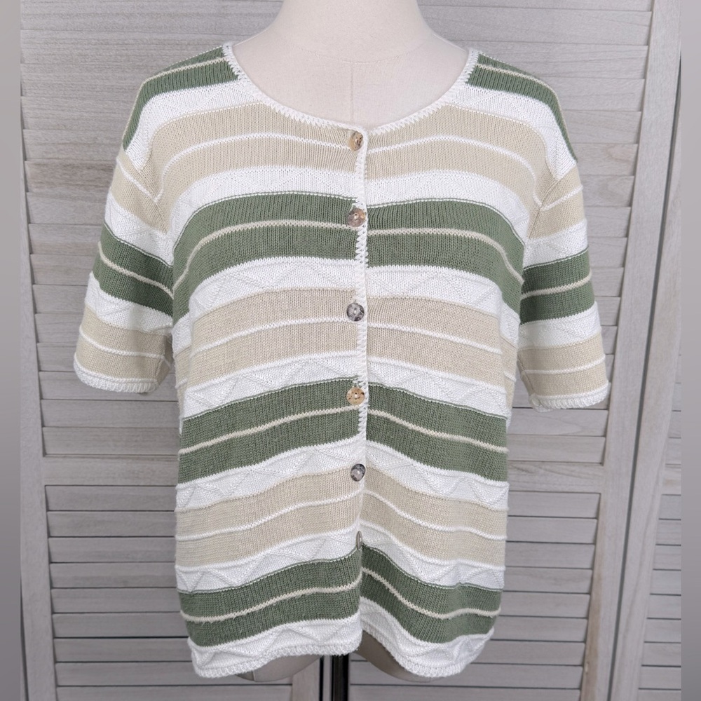 CLASSIC ELEMENTS Vintage Short Sleeve Button Front Knit Sweater Multi/Stripe-XL